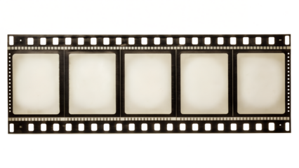 Photo of a vintage film strip with five empty frames, ready for photographs or movie clips, isolated on a transparent background