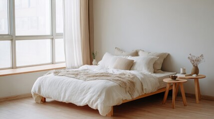 cozy minimalist bedroom, white linen bedding, light wooden bed, soft natural lighting, large window with sheer curtains, neutral tones, peaceful atmosphere