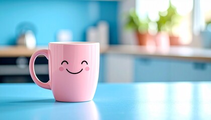 A pink smiley-face mug resting on a blue counter in a bright kitchen setting with potted plants and utensils—radiating cheerful vibes, homey comfort, and everyday joy.