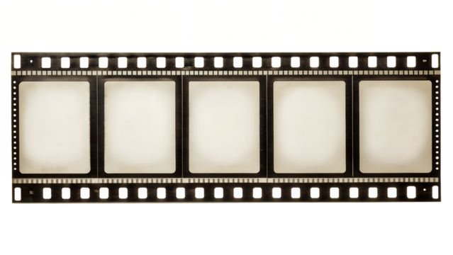 Photo of a vintage film strip with five empty frames, ready for photographs or movie clips, isolated on a transparent background