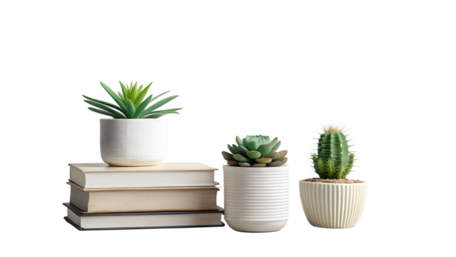 Photo of a stack of books with three potted plants, including a succulent and a cactus, arranged on a transparent background
