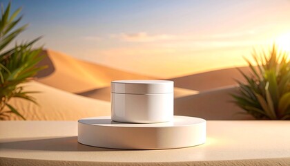 Cosmetic Jar on Desert Podium with Sand Dunes and Sunset