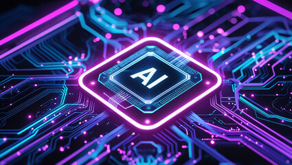 Futuristic ai technology glowing on a circuit board with neon lights