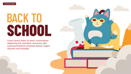 Back to School Cute Cat Banner with School Elements