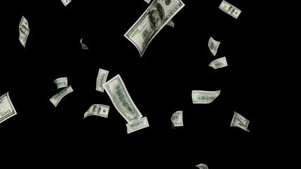 Falling Dollar money 4K Loopable. One hundred dollar banknotes explosion black background. Money Rain alpha matte. dollars bills falling down transparent alpha channel. Banknotes Flying 4k Loopable. - Powered by Adobe