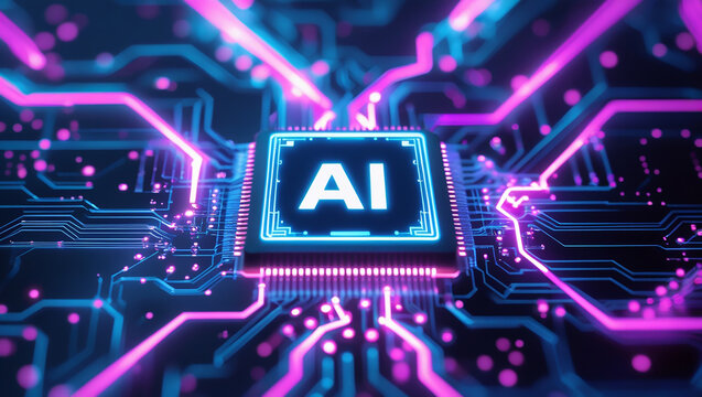 Glowing ai chip on a futuristic circuit board with neon lights - Powered by Adobe