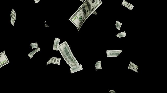 Falling Dollar money 4K Loopable. One hundred dollar banknotes explosion black background. Money Rain alpha matte. dollars bills falling down  transparent alpha channel. Banknotes Flying 4k Loopable.