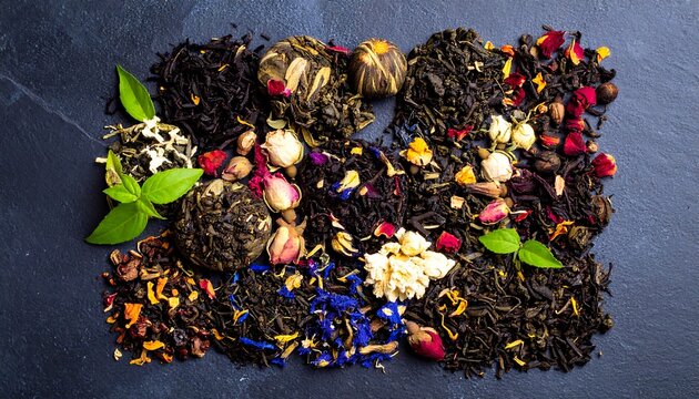 Assorted colorful loose leaf teas on dark slate