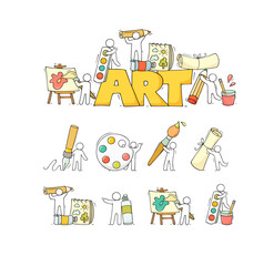 Art set with working little people. Doodle cute miniature of teamwork and drawing symbols. Hand drawn cartoon vector illustration for school subject design.