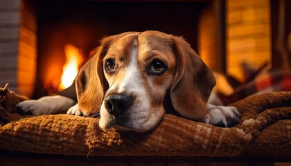 Beagle by Fireplace