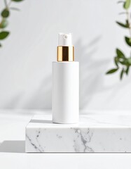 Luxury White Cosmetic Bottle with Gold Accents on Marble. Branding Mockup.