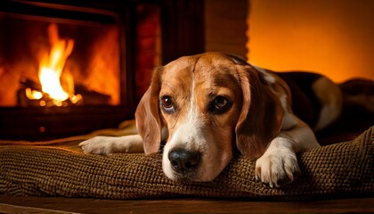 Beagle by Fireplace