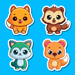 Fototapeta premium Cute cartoon animal stickers with fox, wolf, bear and raccoon.