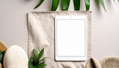 Tablet Mockup with Linen Bag, Plant and Knitwear on Beige Background