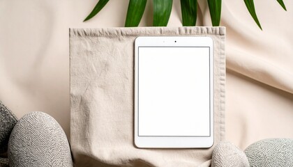 Tablet Mockup with Natural Stone, Palm Leaf, Beige - Top Down