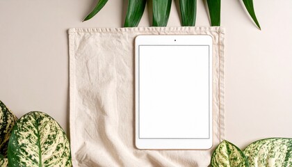 Tablet Mockup with Green Leaves, Beige Fabric - Flat Lay, Top View