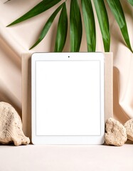 White Tablet Mockup, Palm Leaf, Beige, Rocks, Modern Design