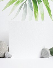 Natural Product Mockup: Blank Card, Palm Frond, and River Stones