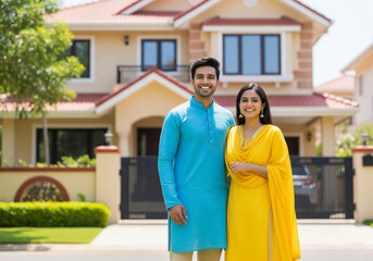 Happy Indian couple in front of new house