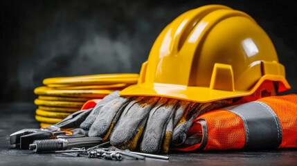 Fototapeta premium yellow hard hat resting on a folded orange high-visibility vest and work gloves. Various hand tools are scattered in the foreground, all set against a dark, textured background.