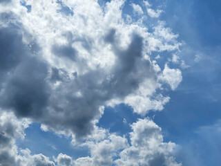 In the blue sky, a gray cumulus cloud looks like a squirrel.