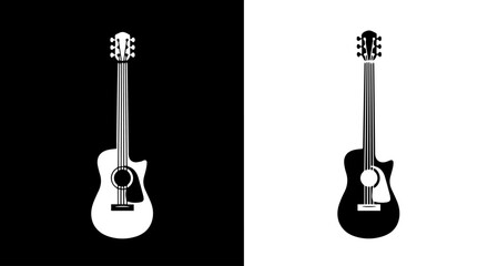 Naklejka premium Two contrasting black and white illustrations of acoustic guitars, showcasing the instrument's design.
