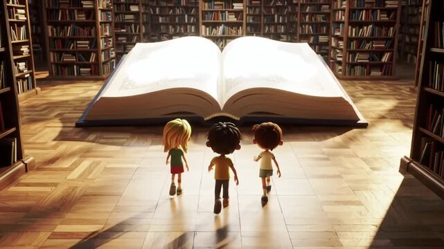 Three cartoon children walk towards a giant open book in a vast library with towering bookshelves.