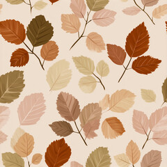 Seamless pattern of autumn leaves in shades of brown, pink, and green on a cream background.