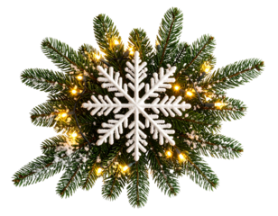  Snow-Dusted Vintage Tree Topper with Twinkle Lights and Evergreen Tips, Festive Overhead Style, Isolated