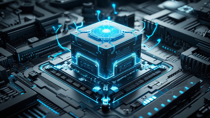 Futuristic glowing cube at the center of a complex technological network