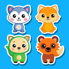 Fototapeta premium Cute cartoon animal stickers on a blue background.