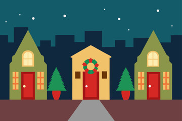 Obraz premium christmas suburban street wreaths houses decorations winter evening