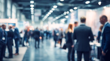 A bustling business conference with a diverse group of professionals engaged in discussions.