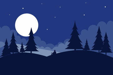Fototapeta premium Moonlit Landscape Pine Trees Sleigh Silhouette