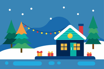 Fototapeta premium Festive Cottage by Winter Lake with Decor