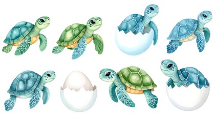Cute baby sea turtles hatching from eggs