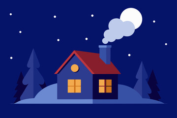 Fototapeta premium cozy house night chimney smoke santa flying snow winter magic