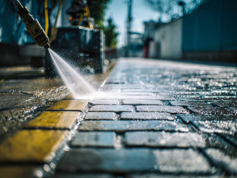 Manually power washing a cobblestone pathway during daytime