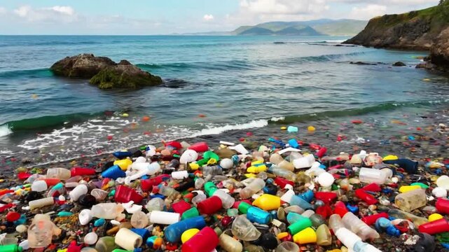 An Unpleasant Beach Contamination Scene: A once pristine shoreline, marred by pollution, displays an array of waste, conveying a message of ecological concern.