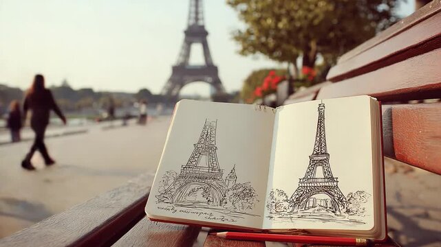 Drawing the Eiffel Tower in Paris while enjoying a tranquil afternoon in a public park
