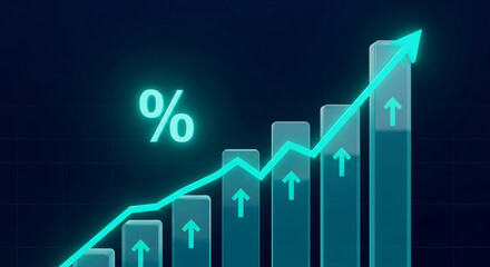 Glowing teal bar graph showcases upward trend, percentage symbol present, symbolizing growth, success, and financial progress, ideal for business presentations
