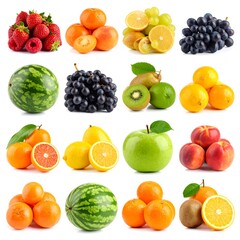 Assorted fruits displayed on a white background