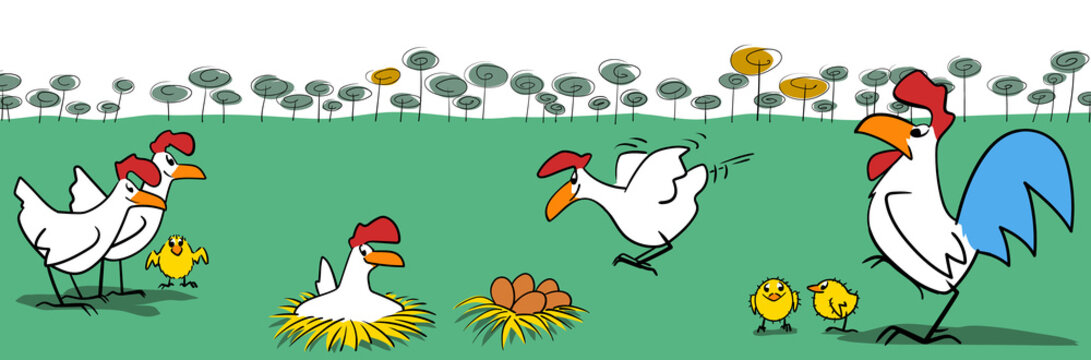 Country scene with chickens and trees in the background.