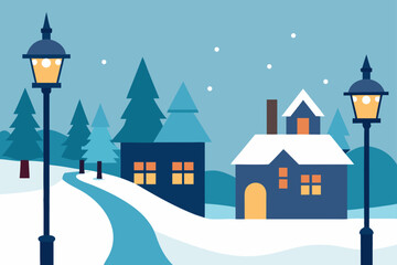 Fototapeta premium Vintage Winter Town with Snow and Lampposts