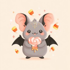 Naklejka premium Kawaii vampire bat enjoying a sweet treat in a festive Halloween atmosphere