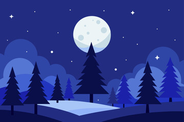 Glowing Moon Over Forest with Santa Sleigh