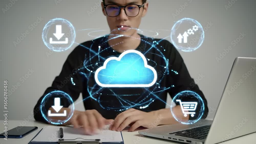Poster cloud computing technology and digital transformation for data synchronization, download, upload, an