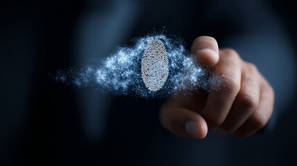 A close-up of a male hand reaching towards a futuristic fingerprint hologram against a dark background.