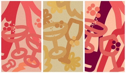 hand-drawn wine and champagne symbols &ndash; retro minimalist vector posters with textured backgrounds - menu cover design template