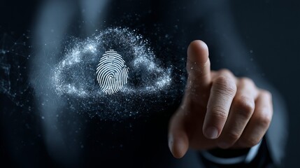 A businessman interacts with a digital fingerprint emerging from a cloud, symbolizing data security and technology.